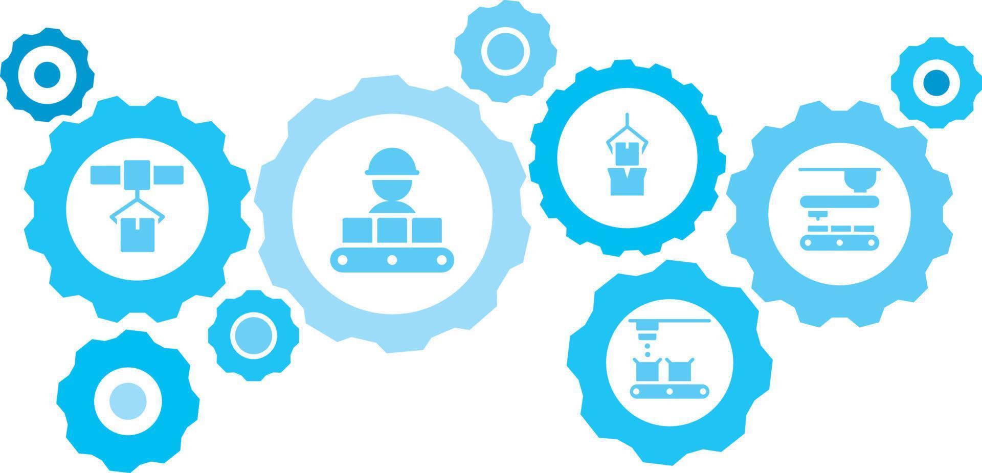 Connected gears and vector icons for logistic, service, shipping, distribution, transport, market, communicate concepts. Mass, production, conveyor gear blue icon set on white background