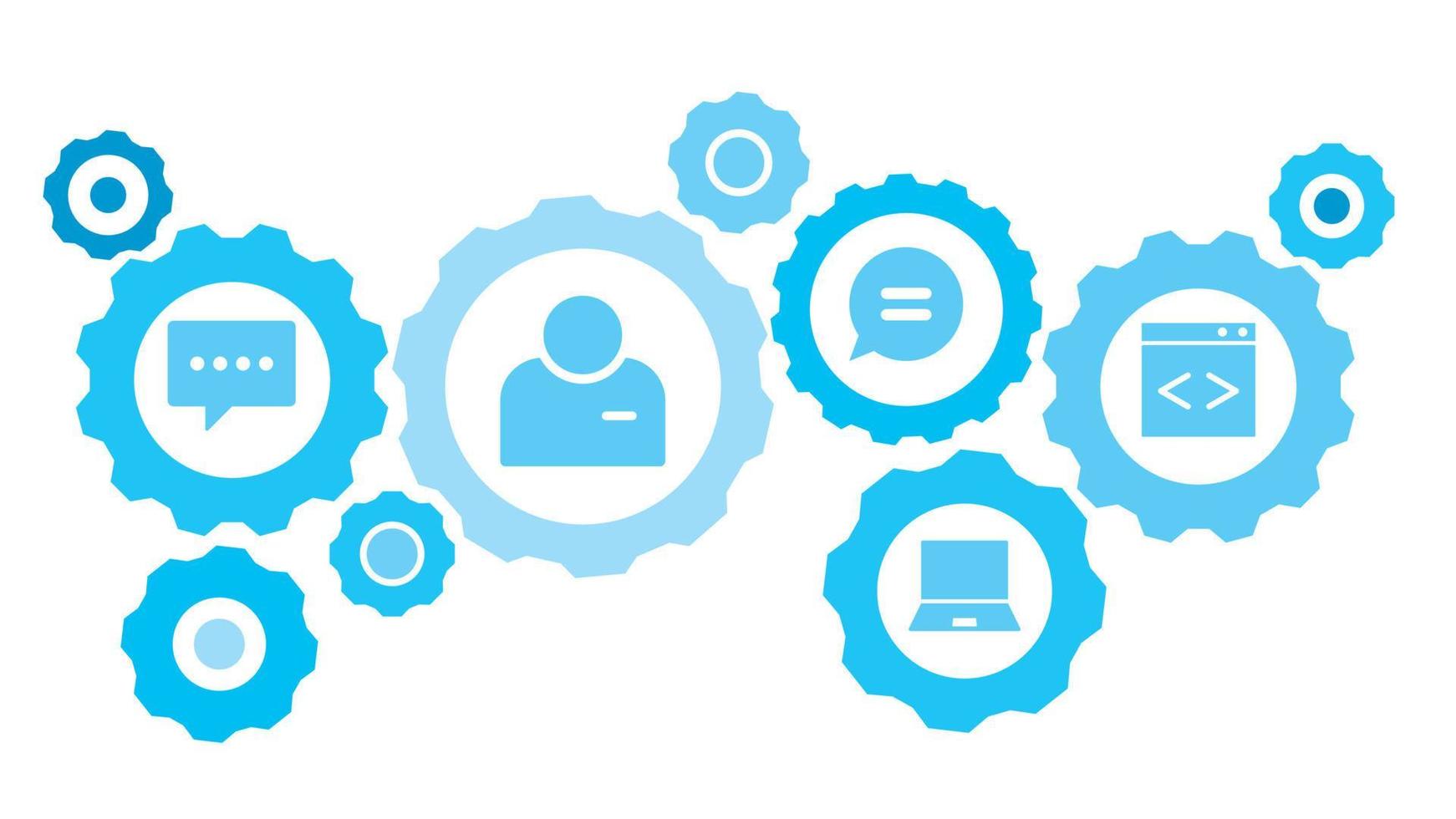 Connected gears and vector icons for logistic, service, shipping, distribution, transport, market, communicate concepts. arrows, internet gear blue icon set on white background
