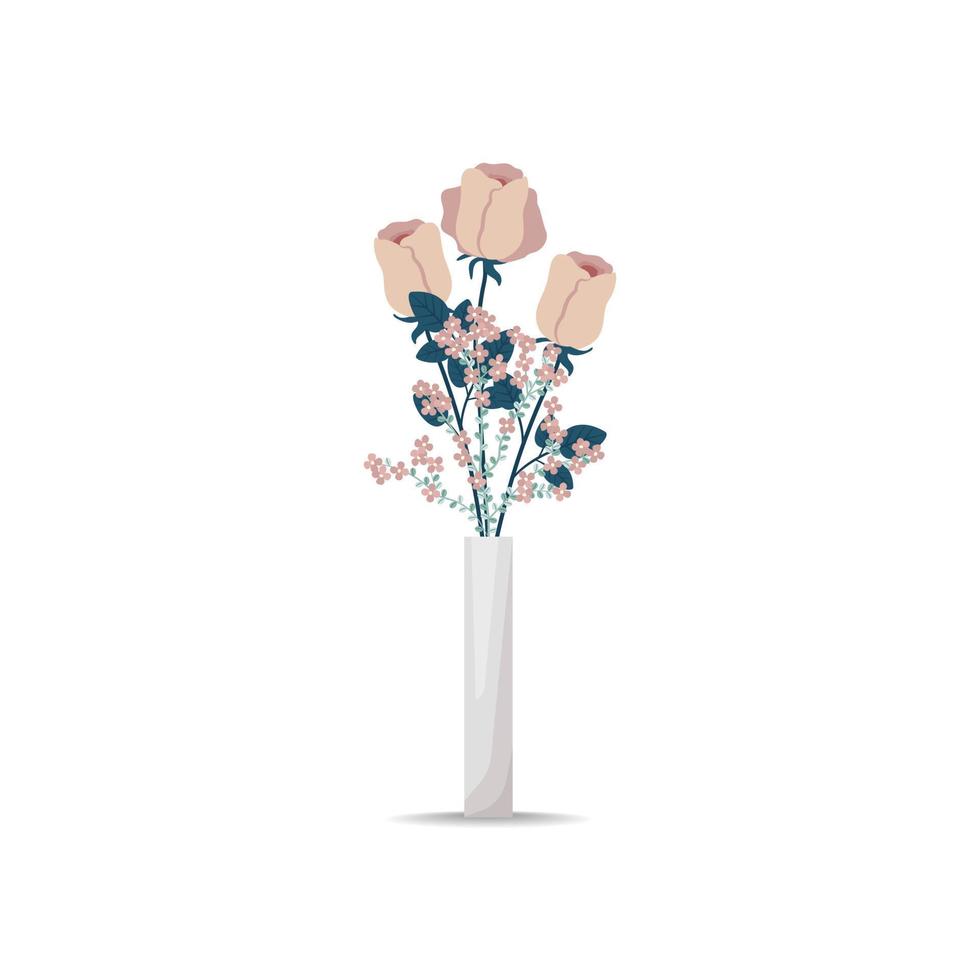 Bouquet of pink-ash roses in a vase. Blooming flowers for room decoration. Vector illustration in flat style, boho