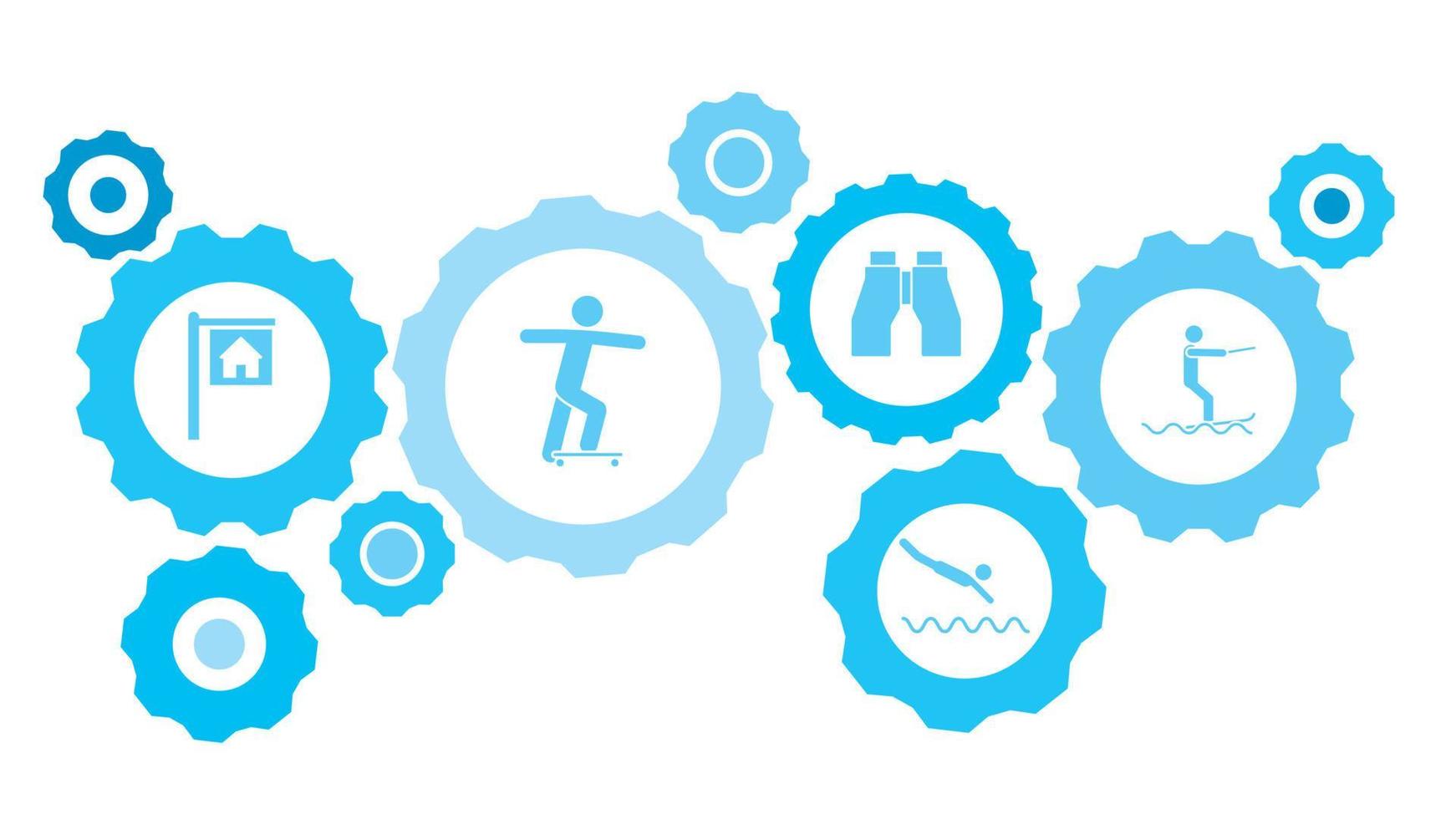 Surf sea gear blue icon set. Abstract background with connected gears and icons for logistic, service, shipping, distribution, transport, market, communicate concepts vector