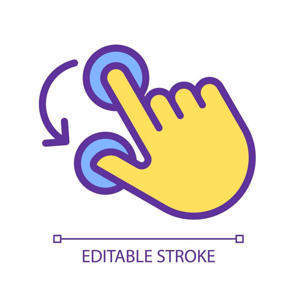 Double finger rotation pixel perfect yellow RGB color icon. Hold and spin with two fingers. Touchscreen control gesture. Silhouette symbol on white space. Solid pictogram. Vector isolated illustration