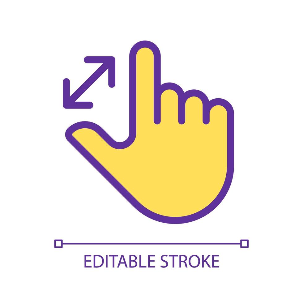 Zoom in touch pixel perfect yellow RGB color icon. Enlargement. Magnify image. Touchscreen control. Display navigation. Silhouette symbol on white space. Solid pictogram. Vector isolated illustration