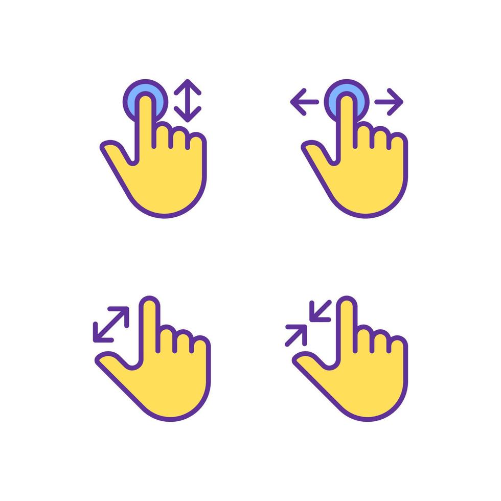 Scrolling and zooming gestures pixel perfect yellow RGB color icons set. Touchscreen. Device navigation. Isolated vector illustrations. Simple filled line drawings collection. Editable stroke