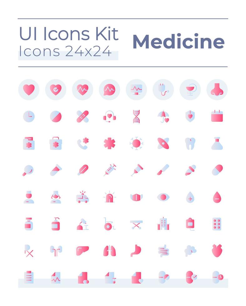 Medicine related flat gradient two-color ui icons set. Healthcare. Hospital and clinic. Vector isolated RGB pictograms. GUI, UX design for web, mobile