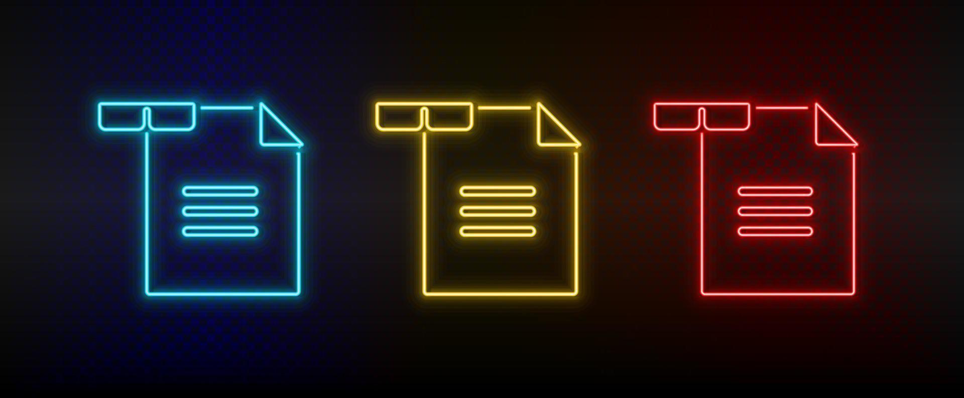 Neon icon set reading. Set of red, blue, yellow neon vector icon on dark transparent background