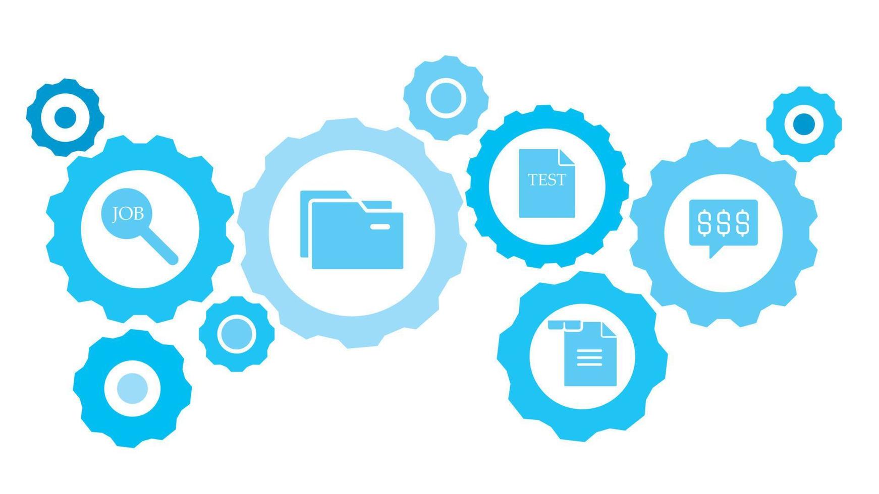 Connected gears and vector icons for logistic, service, shipping, distribution, transport, market, communicate concepts. chat, chat bubble, dollars, money gear blue icon set on white background