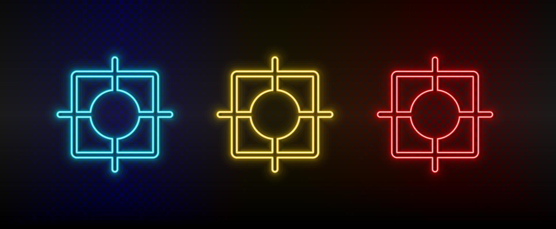 Neon icon set bullseye, dartboard. Set of red, blue, yellow neon vector icon on dark transparent background