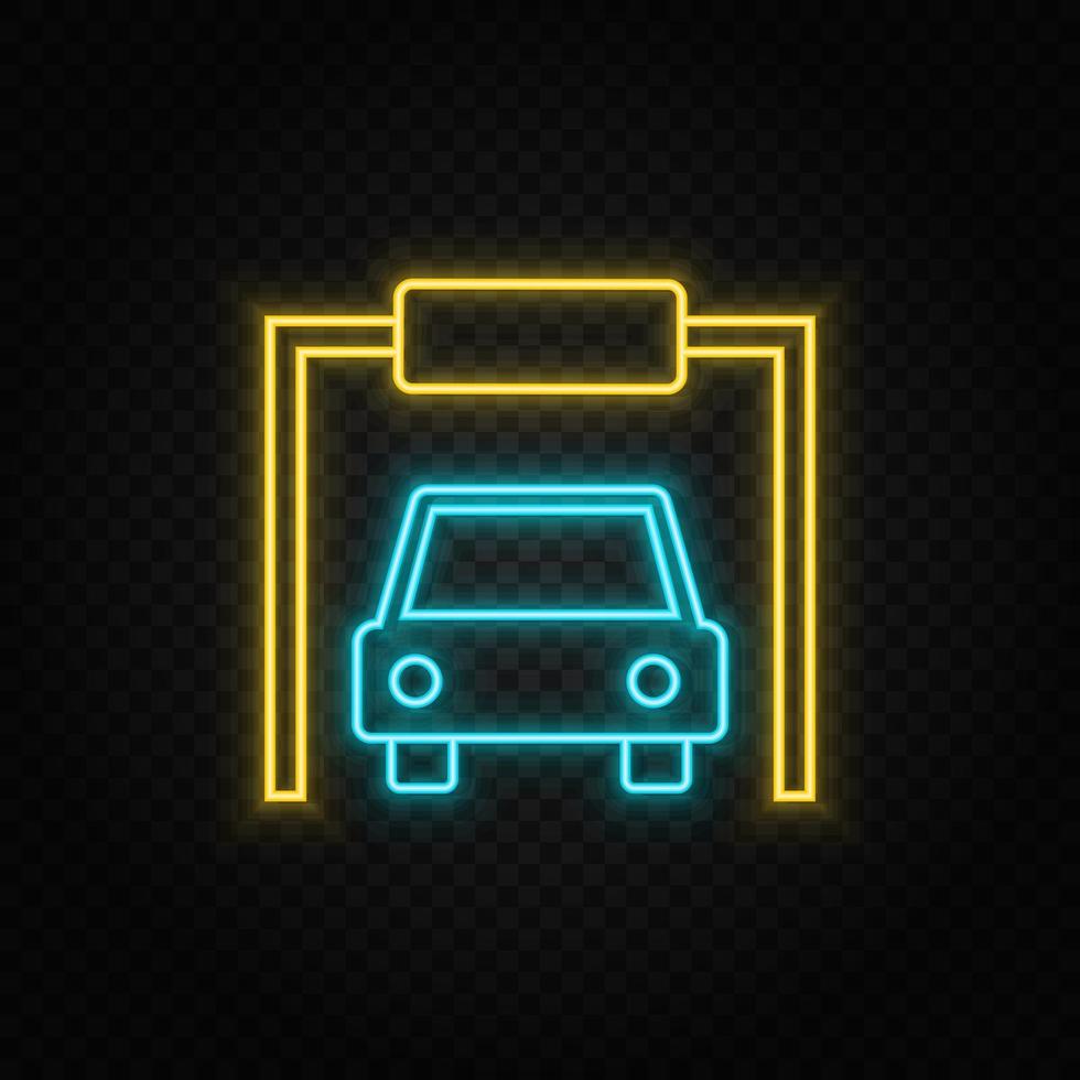 Car, garage. Blue and yellow neon vector icon. Transparent background.