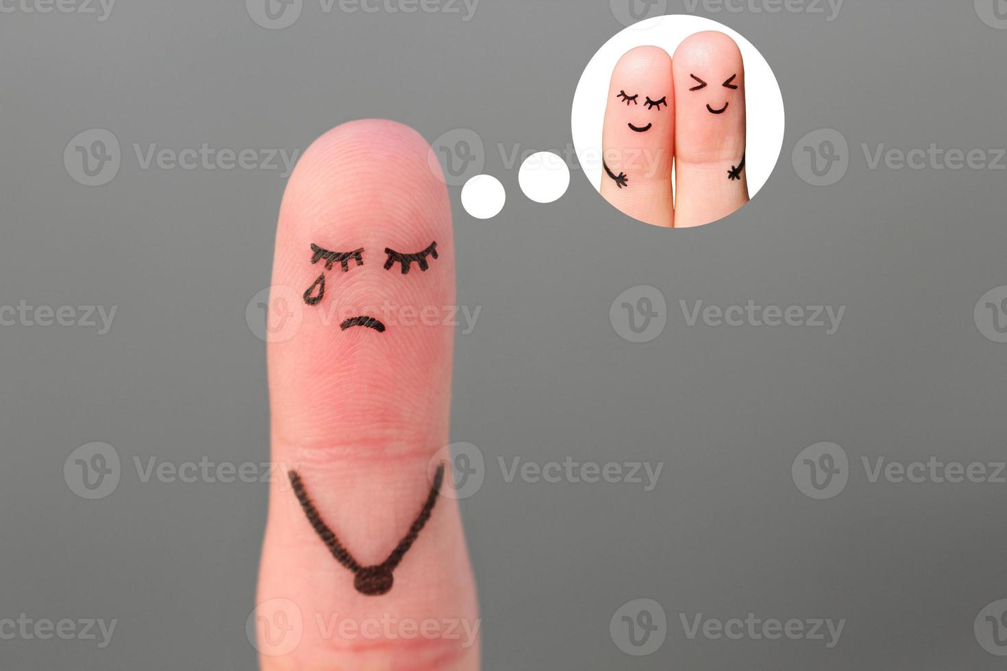 Finger art of lonely woman is crying. Concept of single girl remembers past relationship. photo