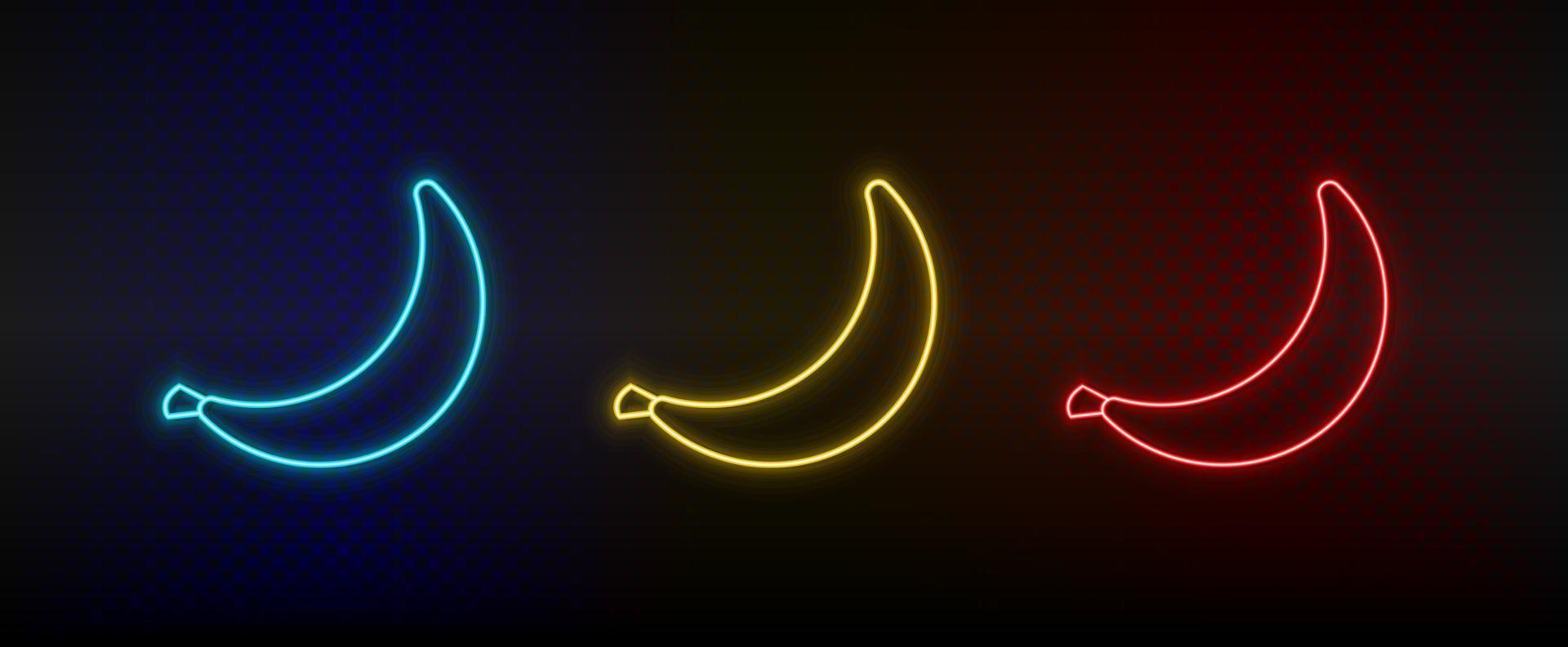Neon icon set banana. Set of red, blue, yellow neon vector icon on dark background