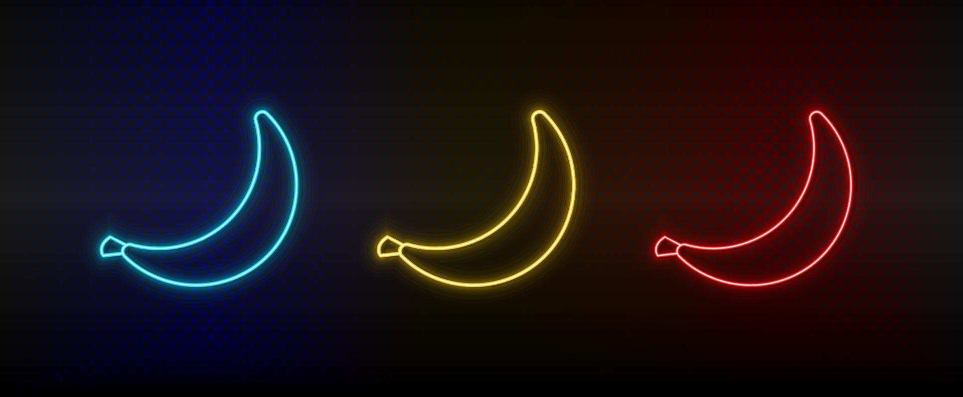 Neon icon set banana. Set of red, blue, yellow neon vector icon on dark background