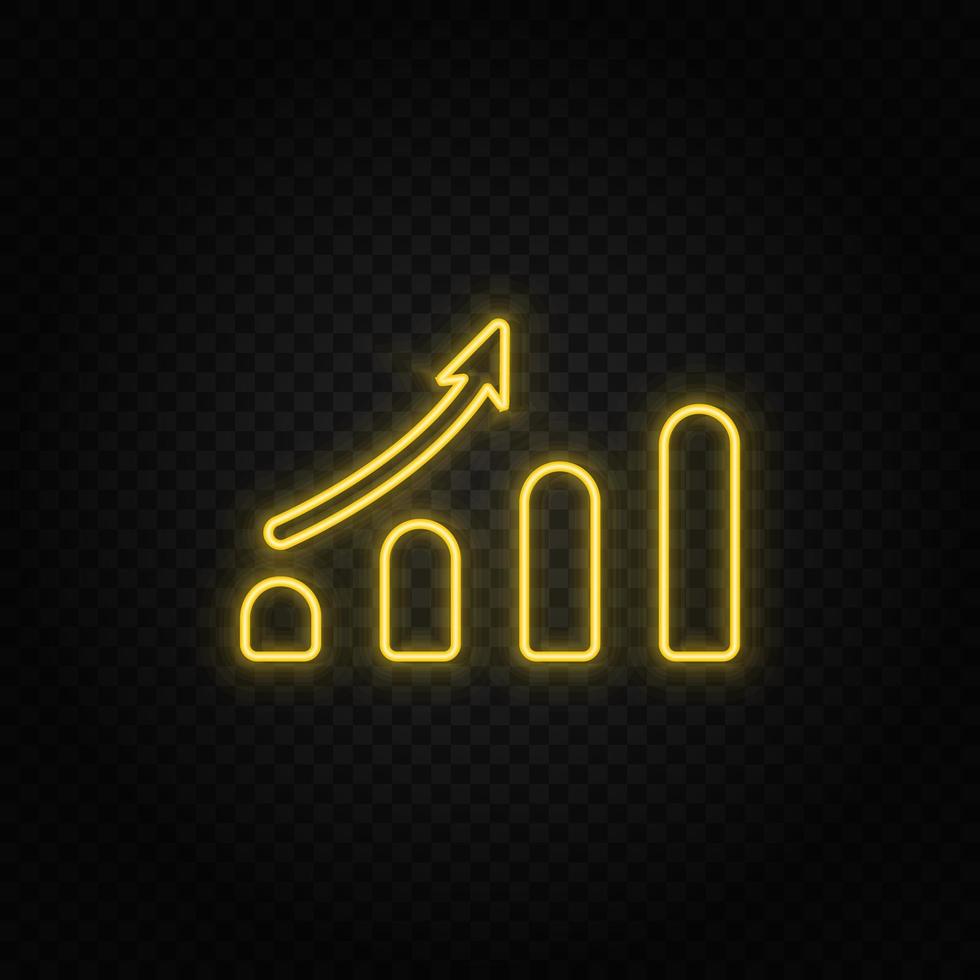 analytics, bar chart yellow neon icon .Transparent background. Yellow neon vector icon on dark background