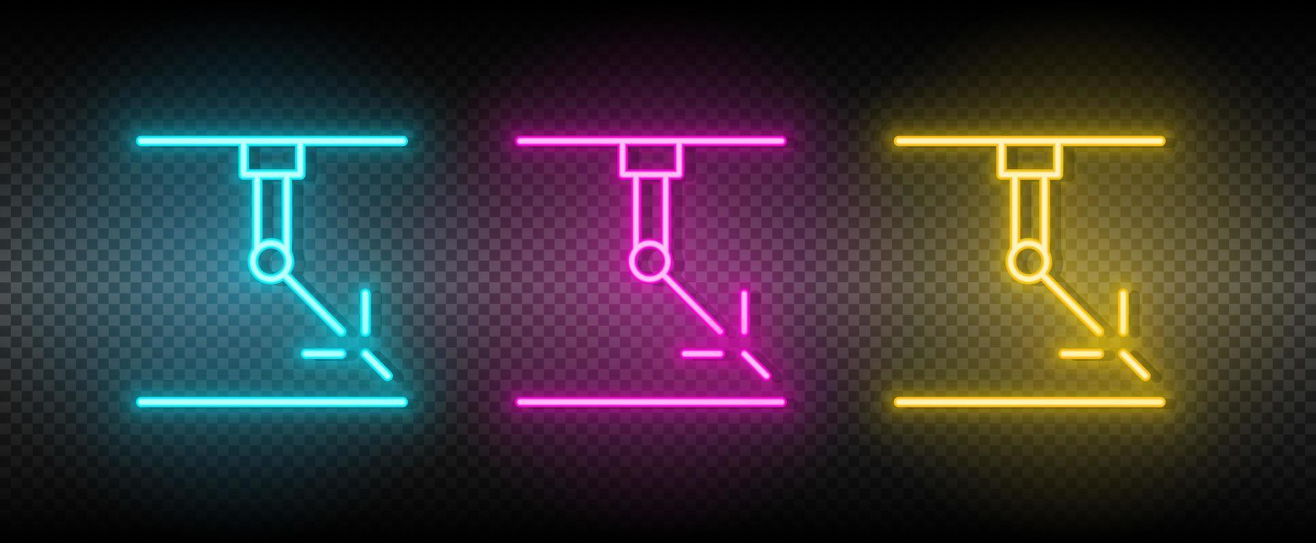 hydraulic arm, industrial arm neon icon set. Technology vector illustration neon blue, yellow, red icon set