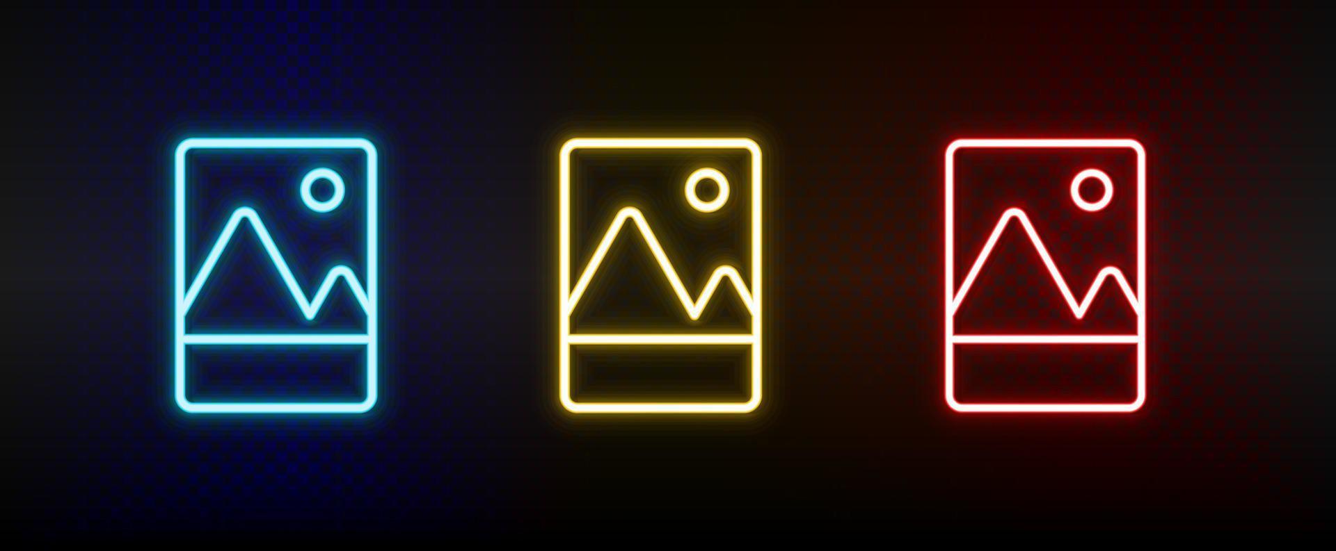 mountains, photo neon icon set. Set of red, blue, yellow neon vector icon on dark transparent background