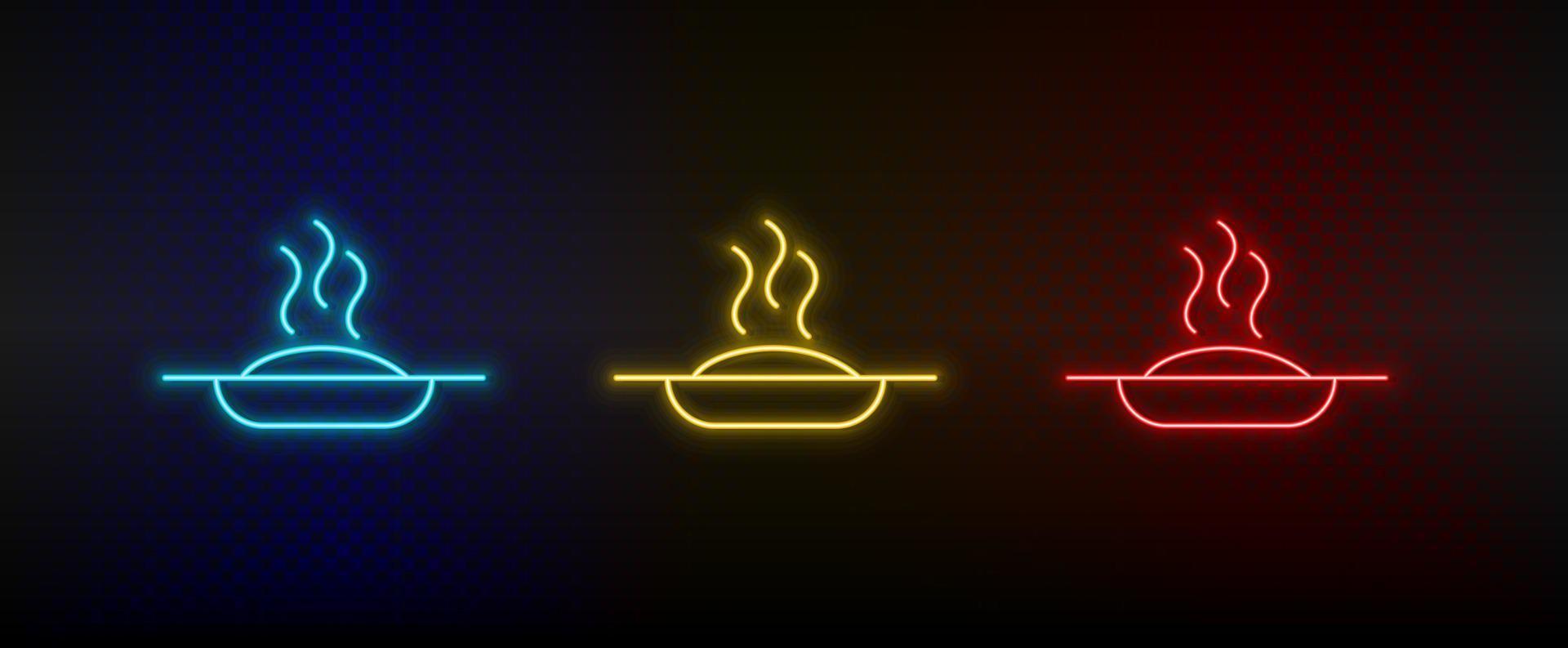 Neon icon set rice plate, healthy diet. Set of red, blue, yellow neon vector icon on dark background