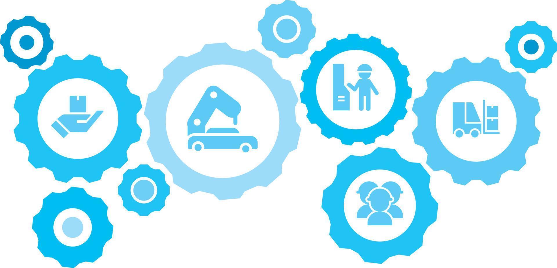 Connected gears and vector icons for logistic, service, shipping, distribution, transport, market, communicate concepts. Mass, production, forklift gear blue icon set on white background
