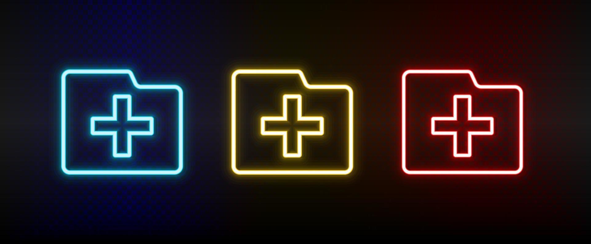 create, folder neon icon set. Set of red, blue, yellow neon vector icon on dark transparent background