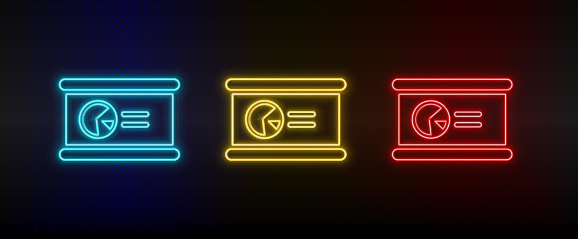 Neon icon set presentation. Set of red, blue, yellow neon vector icon on dark transparent background