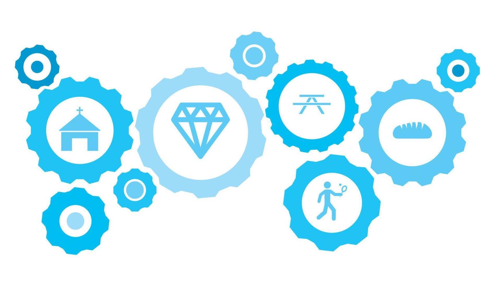Bred gear blue icon set. Abstract background with connected gears and icons for logistic, service, shipping, distribution, transport, market, communicate concepts vector