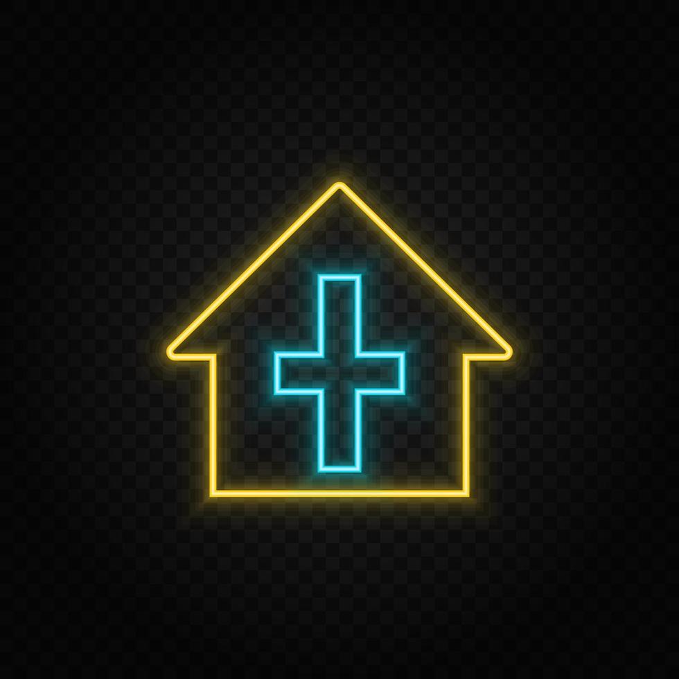 Chapel outline. Blue and yellow neon vector icon. Transparent background.