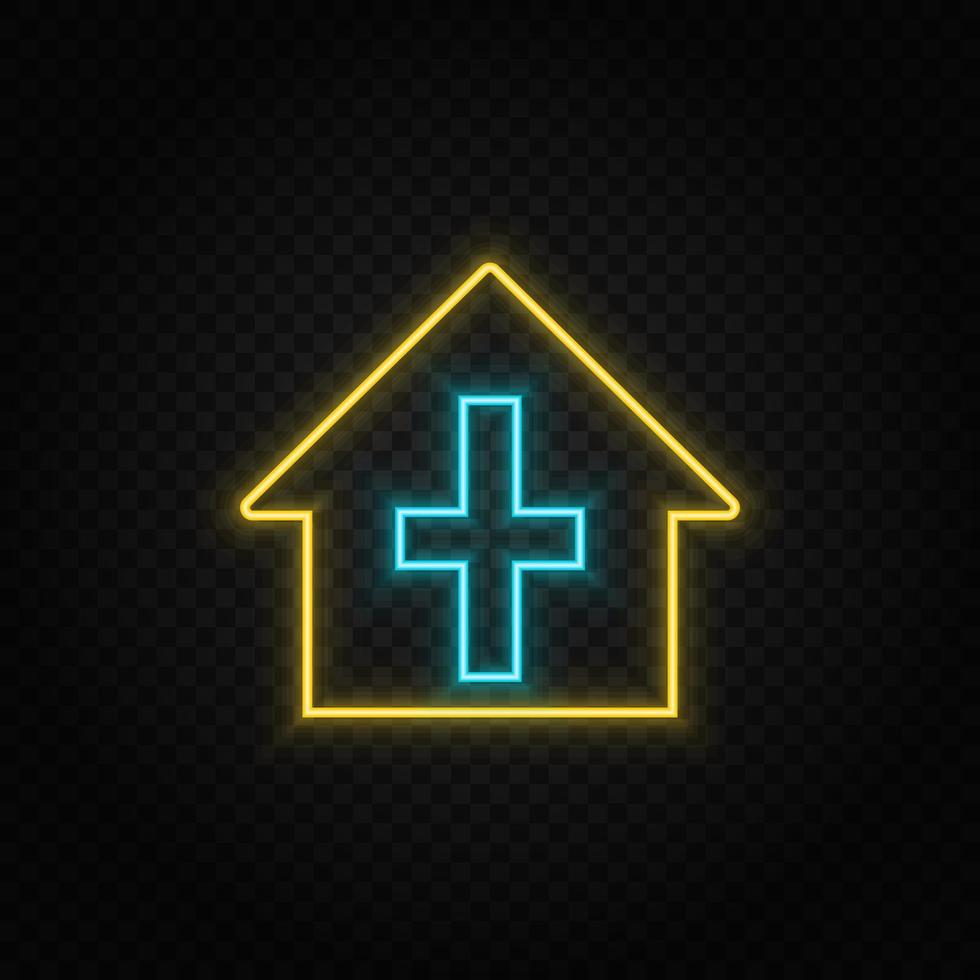 Chapel outline. Blue and yellow neon vector icon. Transparent background.