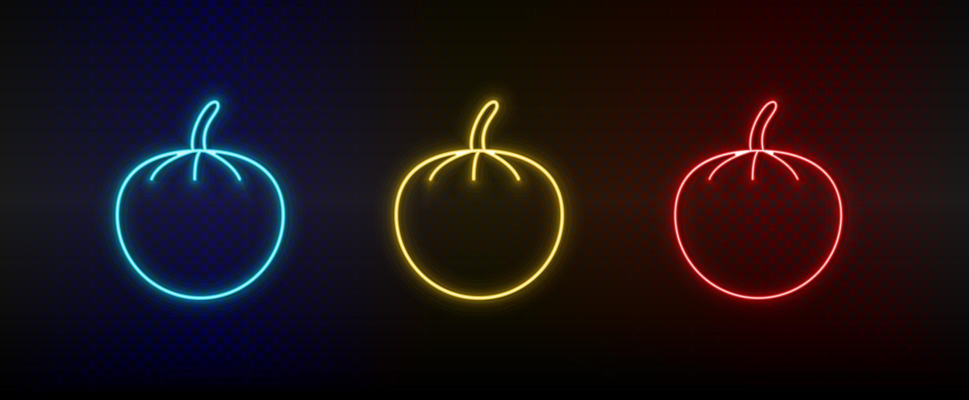 Neon icon set tomatoes. Set of red, blue, yellow neon vector icon on dark background