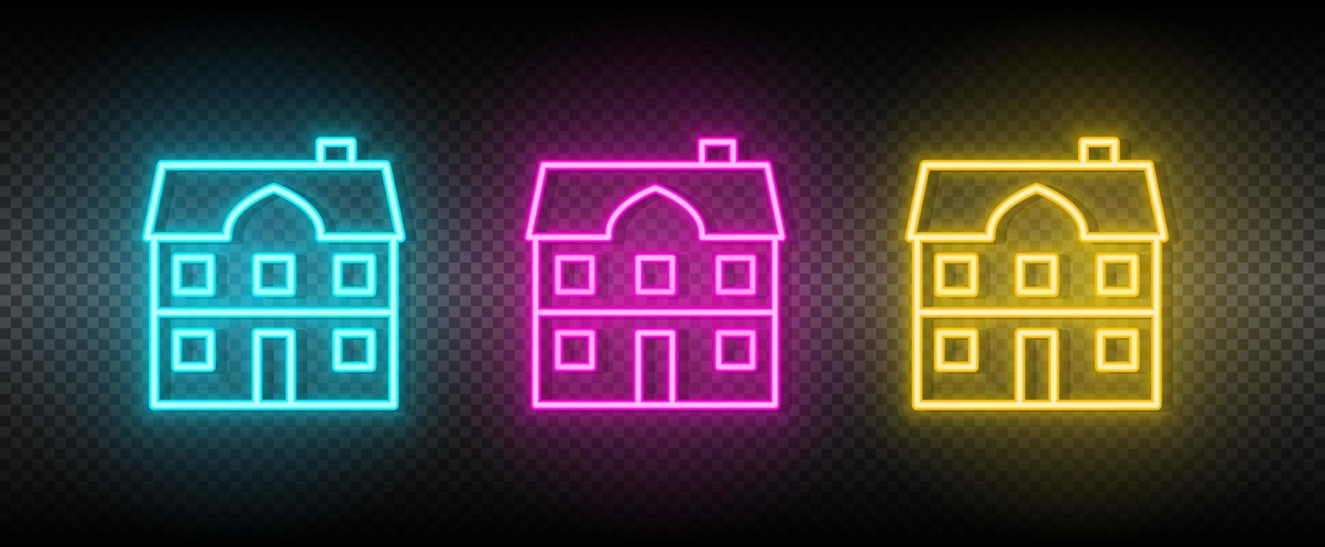 Real estate vector building, city, house. Illustration neon blue, yellow, red icon set