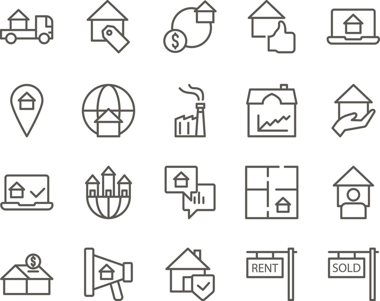 house, property, sold set vector icons. Real estate icon set. Simple Set of Real Estate Related Vector Line Icons. Contains such Icons as Map, Plan, Bedrooms on white background