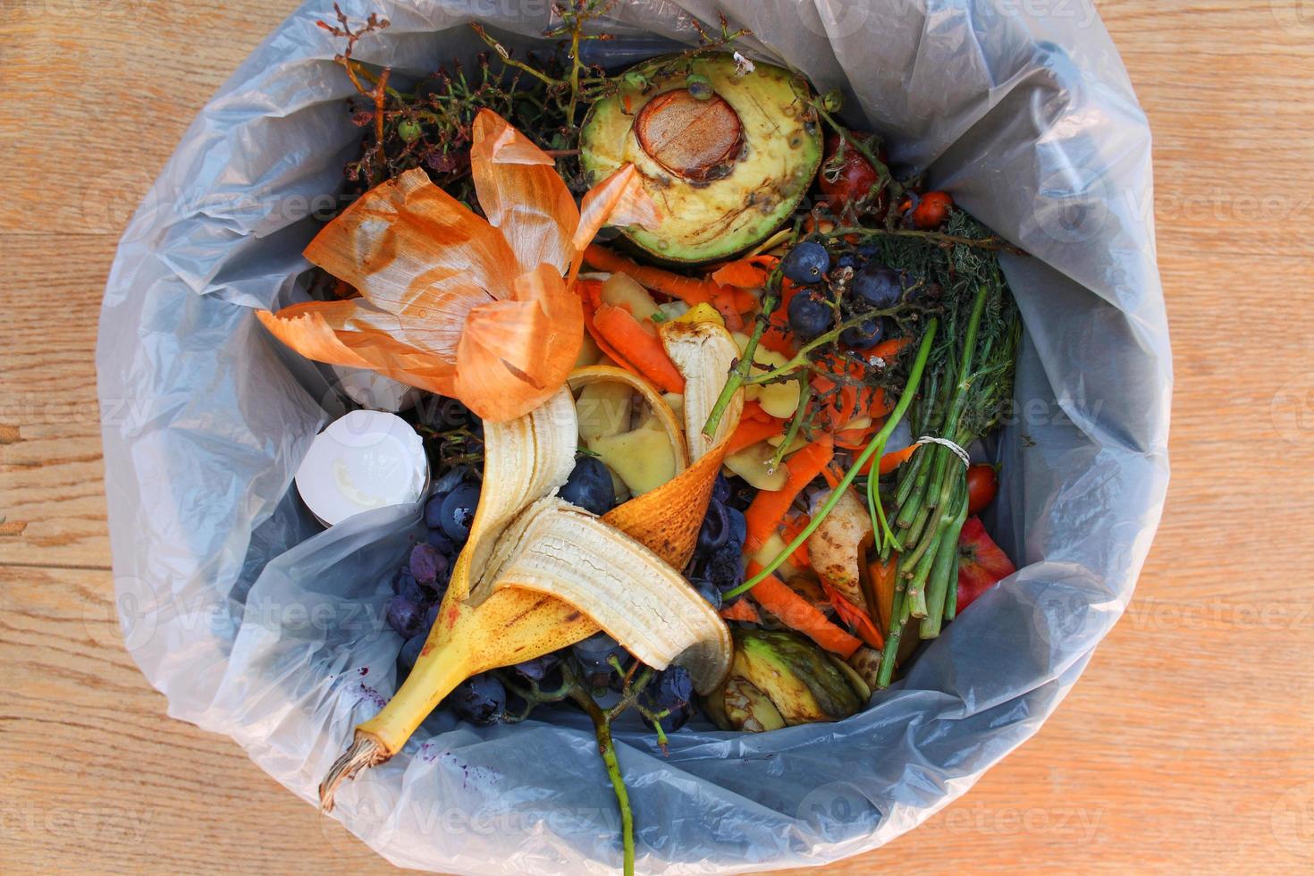 Domestic waste for compost from fruits and vegetables in garbage bin. photo