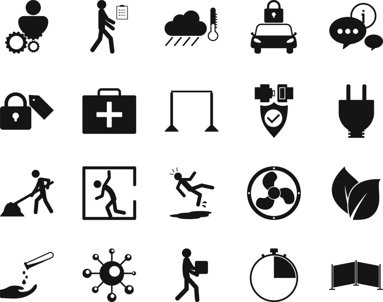 HSE concept, occupational safety and health curtain, wedding , production factory and environment, labor preventive instructions, worker protection vector icon set on white background
