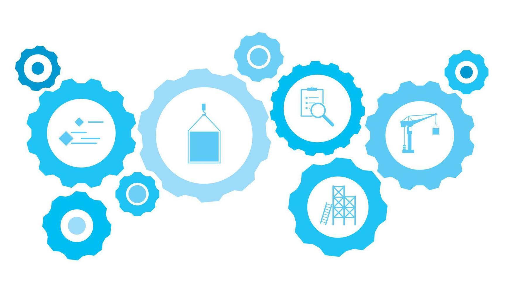 Connected gears and vector icons for logistic, service, shipping, distribution, transport, market, communicate concepts. workers, repair gear blue icon set icon on dark background