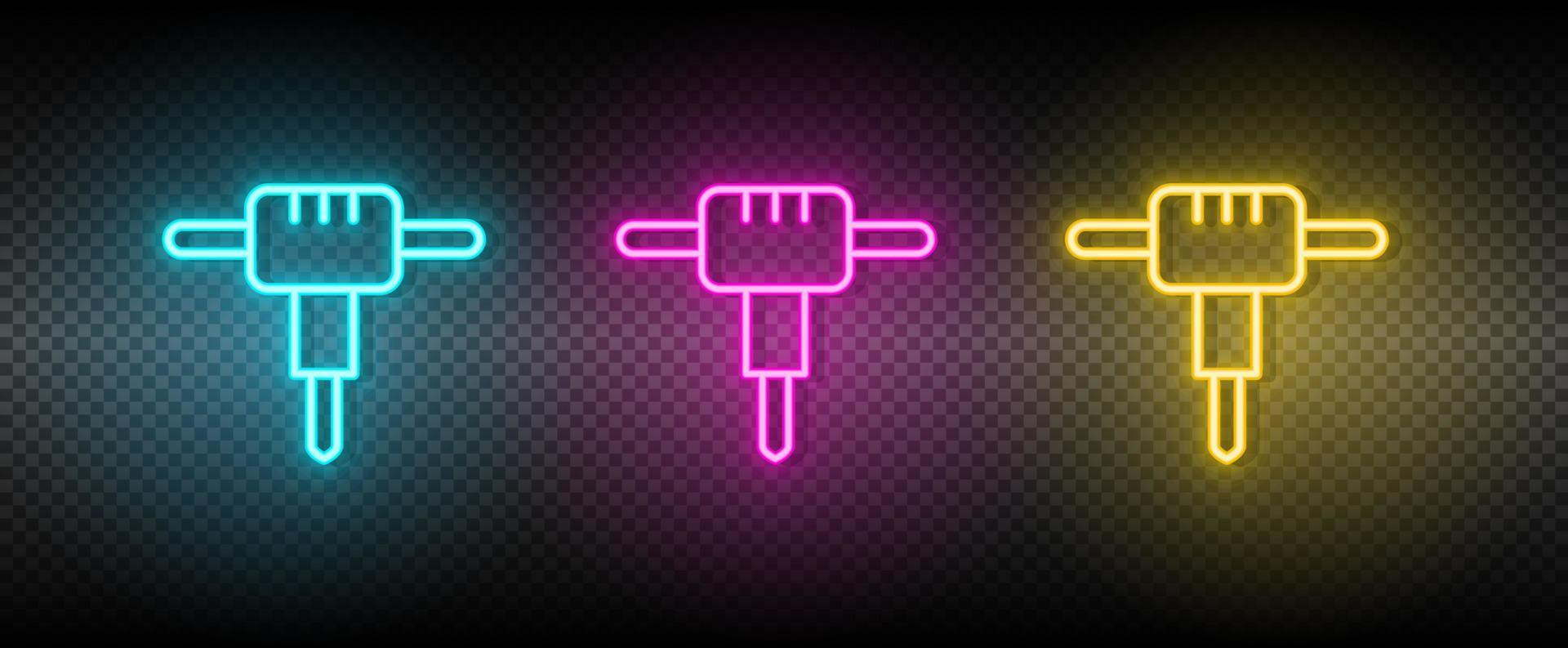 construction, jackhammer vector icon yellow, pink, blue neon set. Tools vector icon on dark transparency background