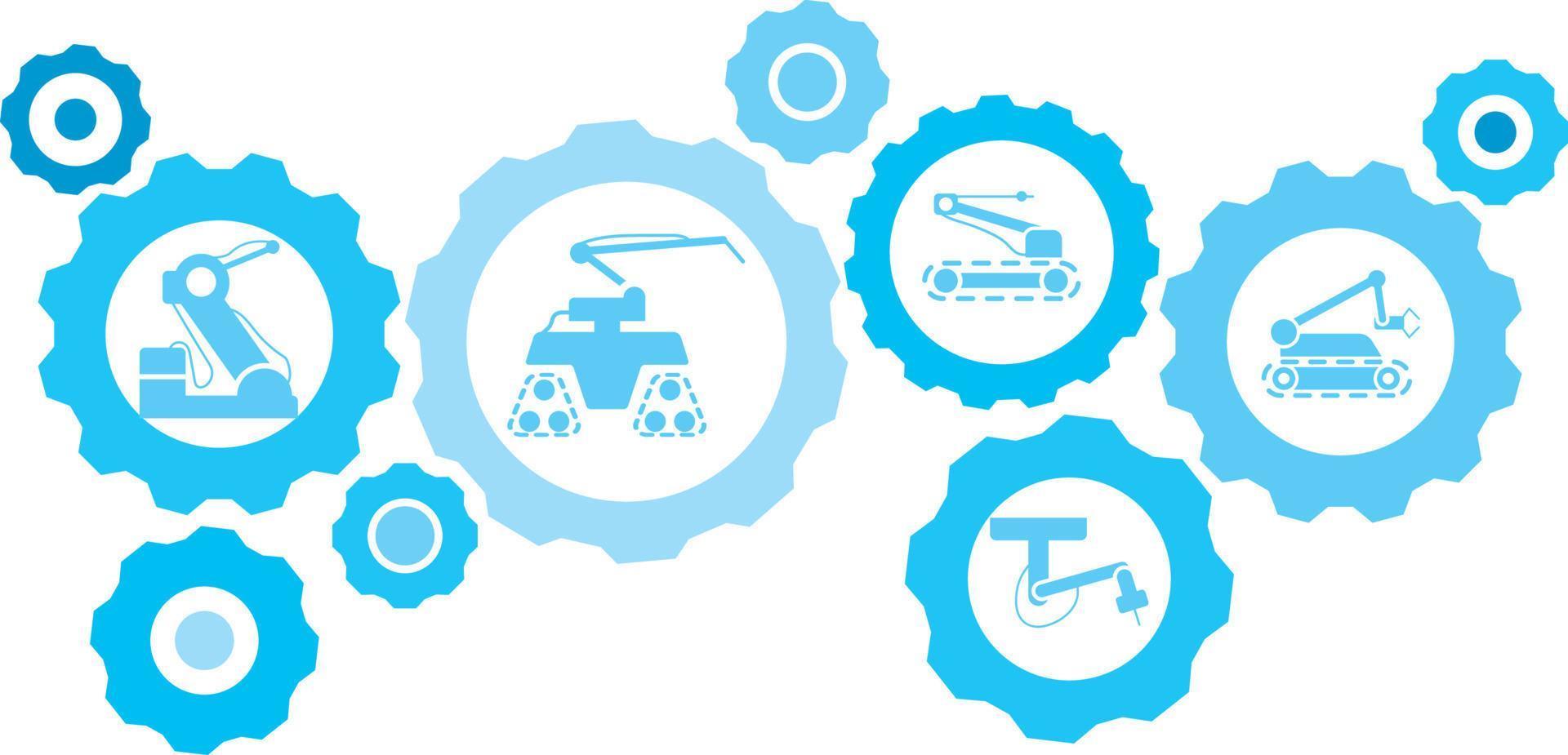 Robot, icon, technology, industry, factory blue gear set. Abstract background with connected gears and icons for logistic, service, shipping, distribution, transport, market, communicate concepts vector