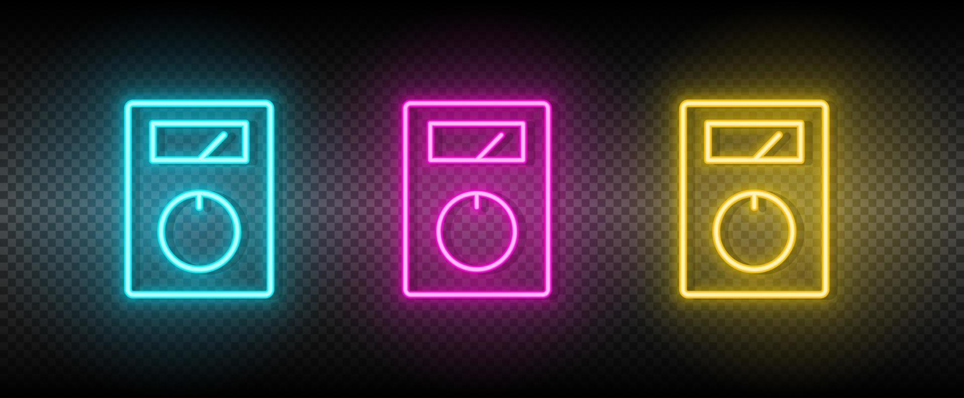 multimeter, tester, voltmeter vector icon yellow, pink, blue neon set. Tools vector icon on dark transparency background