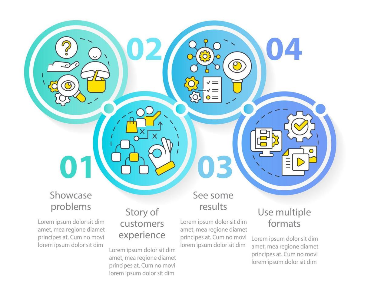 Elements of case study circle infographic template. Structure. Data visualization with 4 steps. Editable timeline info chart. Workflow layout with line icons vector