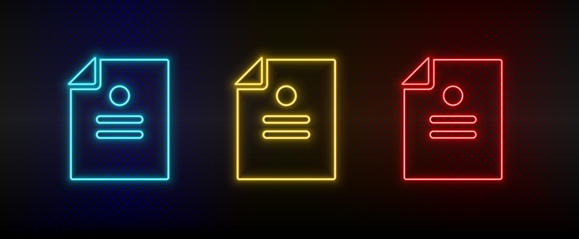 Neon icon set business, analysis, report. Set of red, blue, yellow neon vector icon on dark transparent background