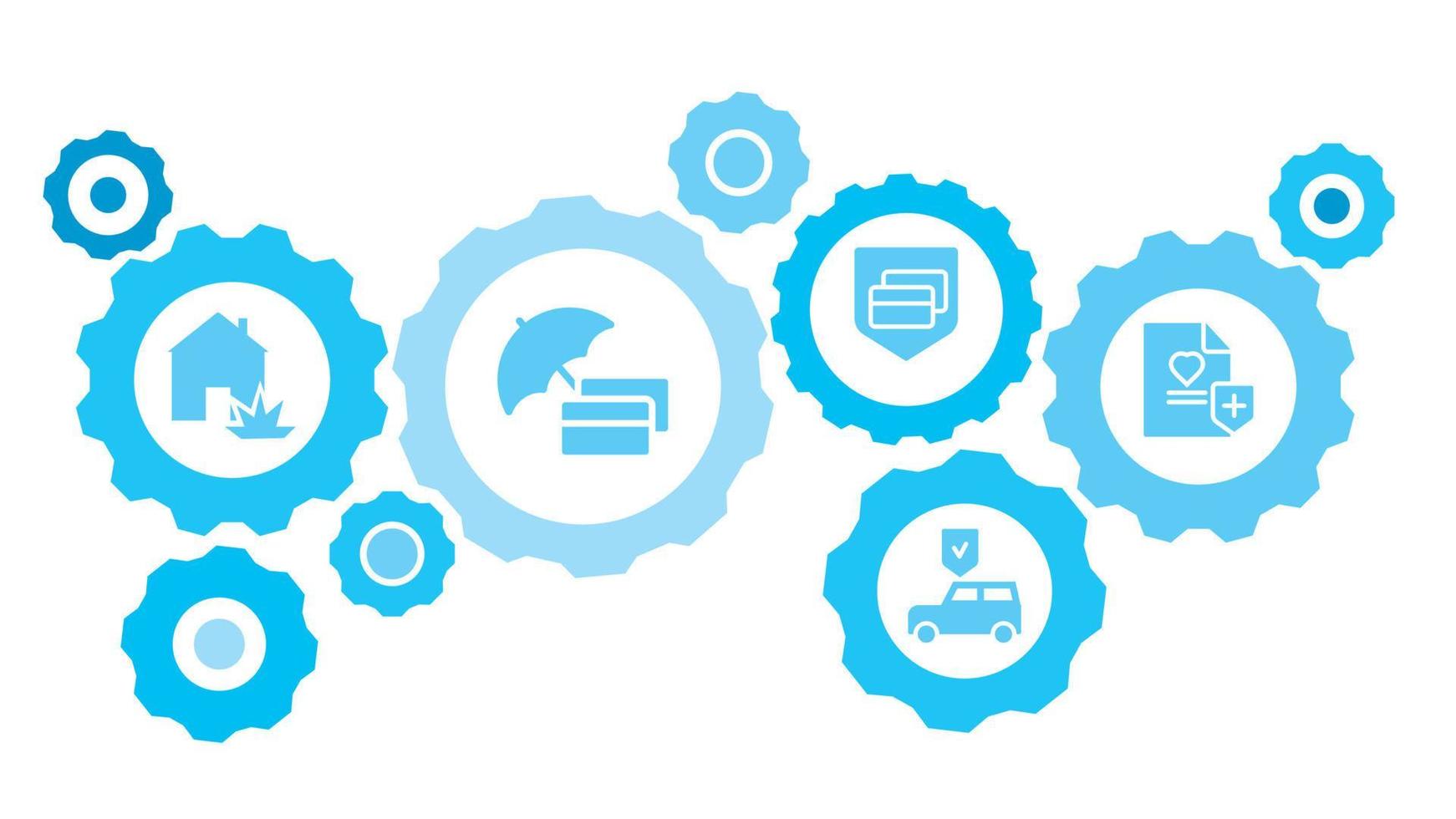 Connected gears and icons for logistic, service, shipping, distribution, transport, market, communicate concepts. Health, insurance, medical, policy gear blue icon set on white background vector