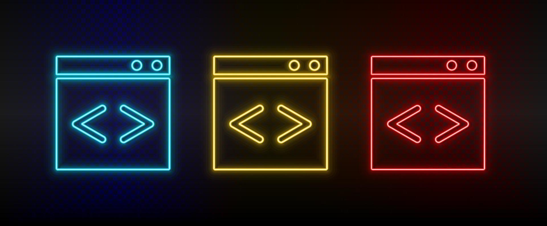 Neon icon set arrows, internet. Set of red, blue, yellow neon vector icon on dark transparent background