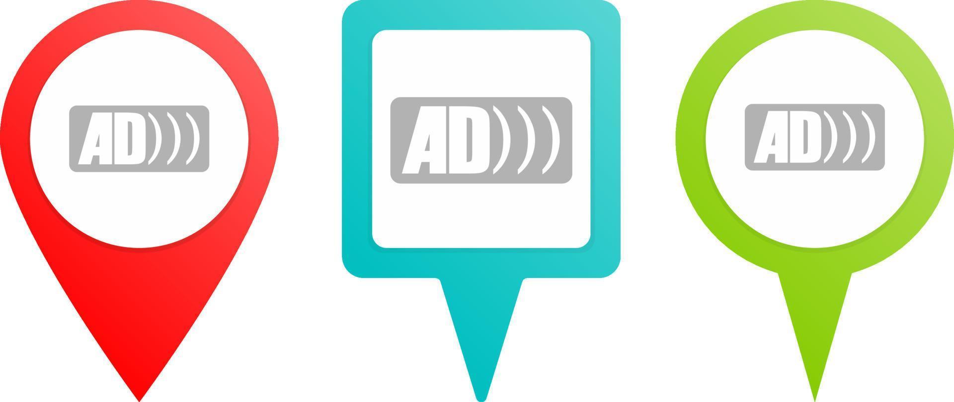 Ad logo pin icon. Multicolor pin vector icon, diferent type map and navigation point.