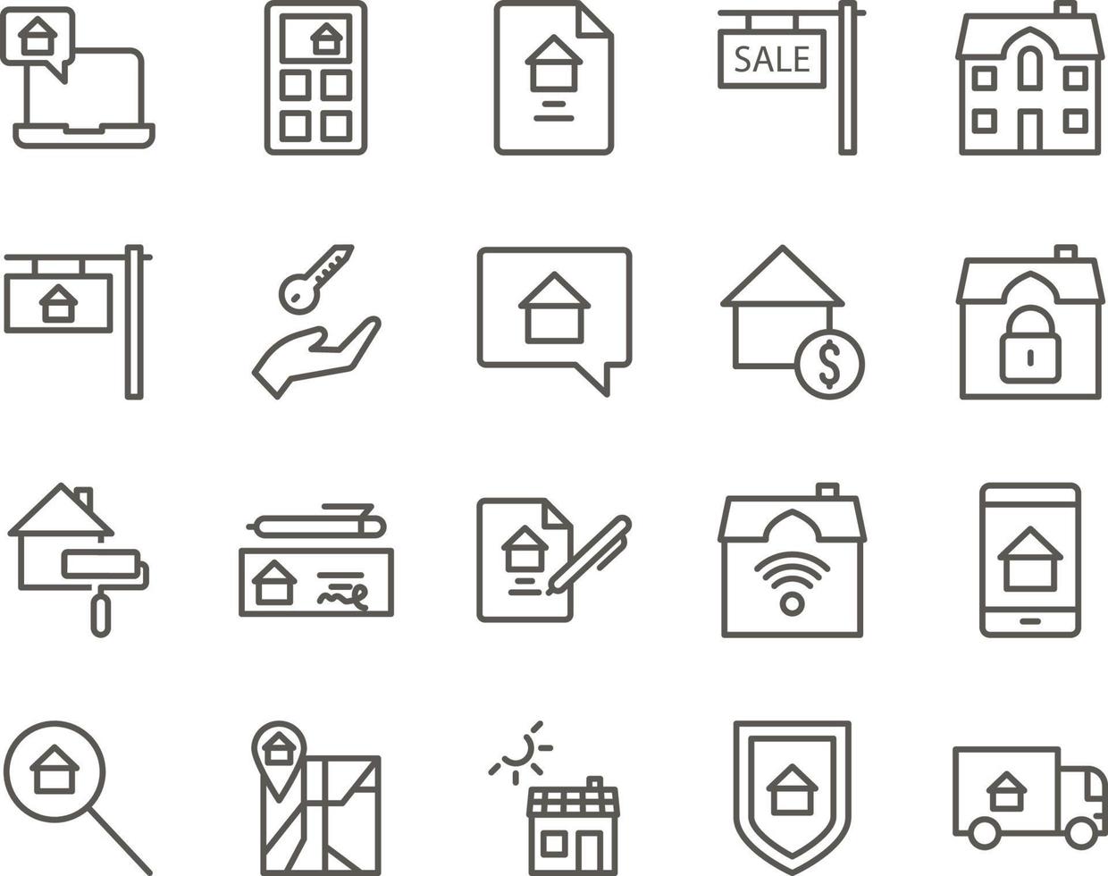 accommodation, moving, relocation set vector icons. Real estate icon set. Simple Set of Real Estate Related Vector Line Icons. Contains such Icons as Map, Plan, Bedrooms, Area, Bell and more. Editable