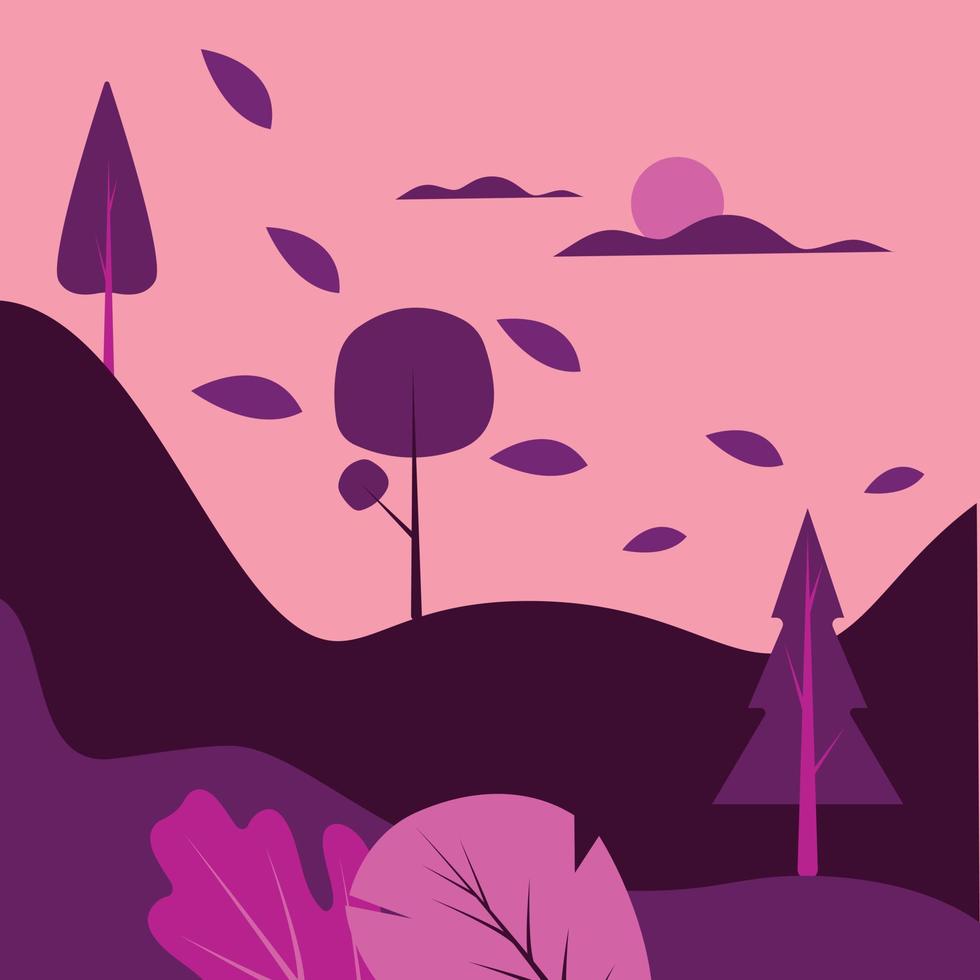 Vector illustration in simple modern style - nature with hills and trees, mountains - abstract landscape background for websites, banners, covers. Fantasy scene concept, dreaming world