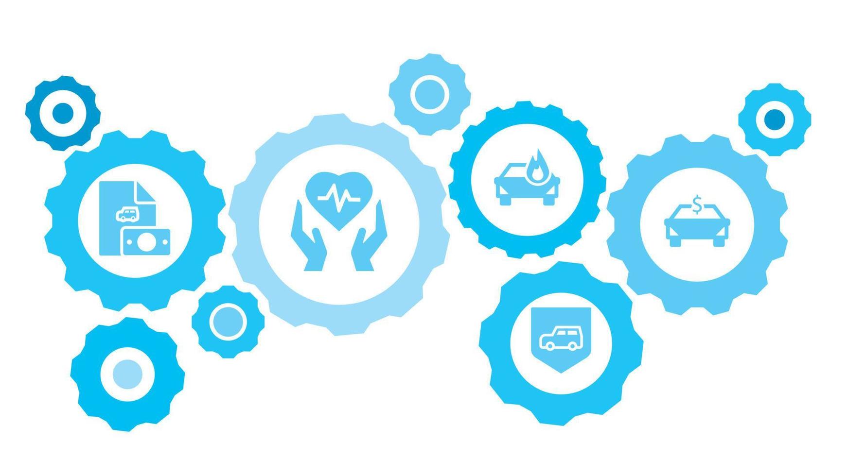 Connected gears and icons for logistic, service, shipping, distribution, transport, market, communicate concepts. Auto, compensation, direct, money gear blue icon set on white background vector