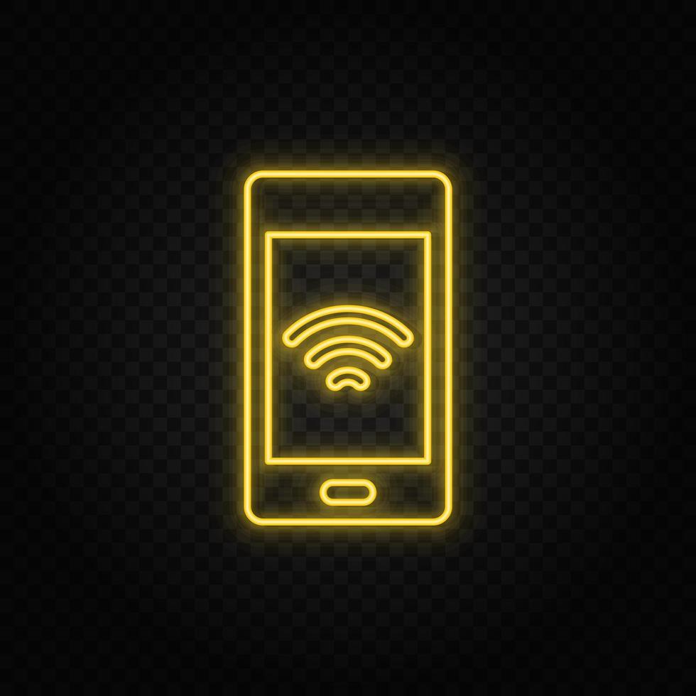Yellow neon icon phone, signal. Transparent background. Yellow neon vector icon on dark background