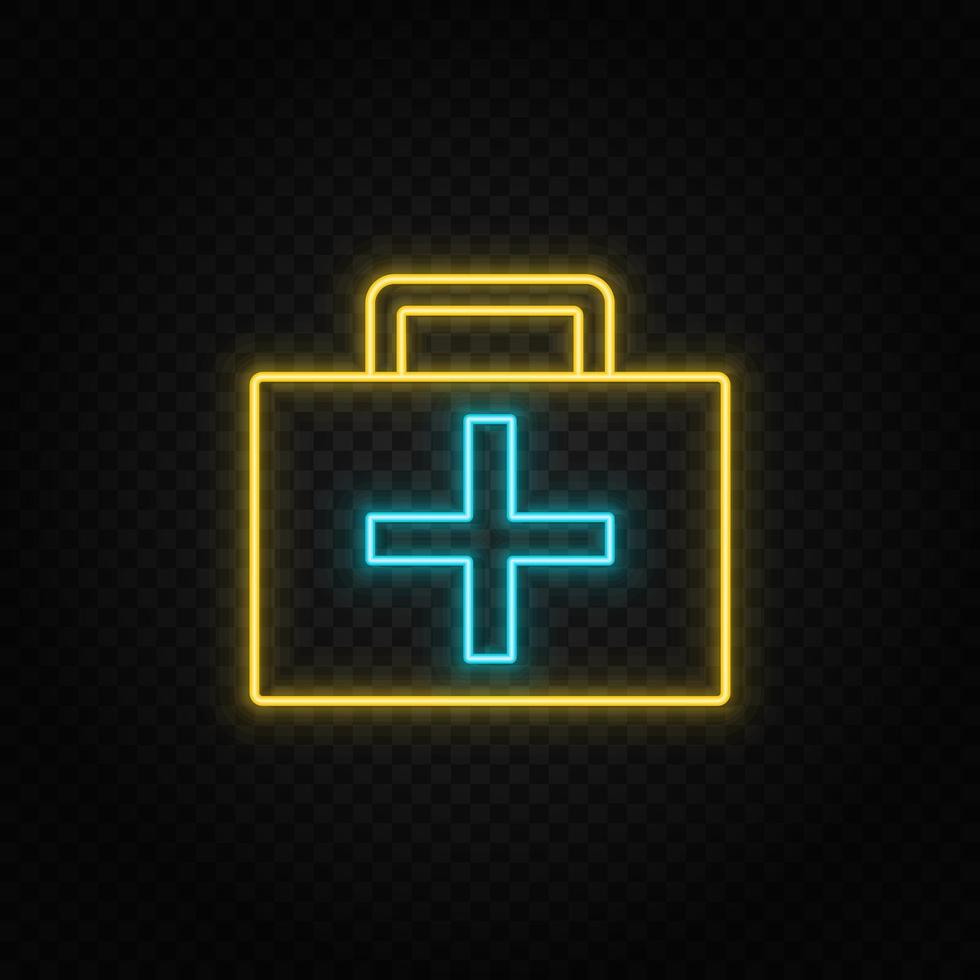 médico maleta. azul y amarillo neón vector icono. transparente antecedentes.