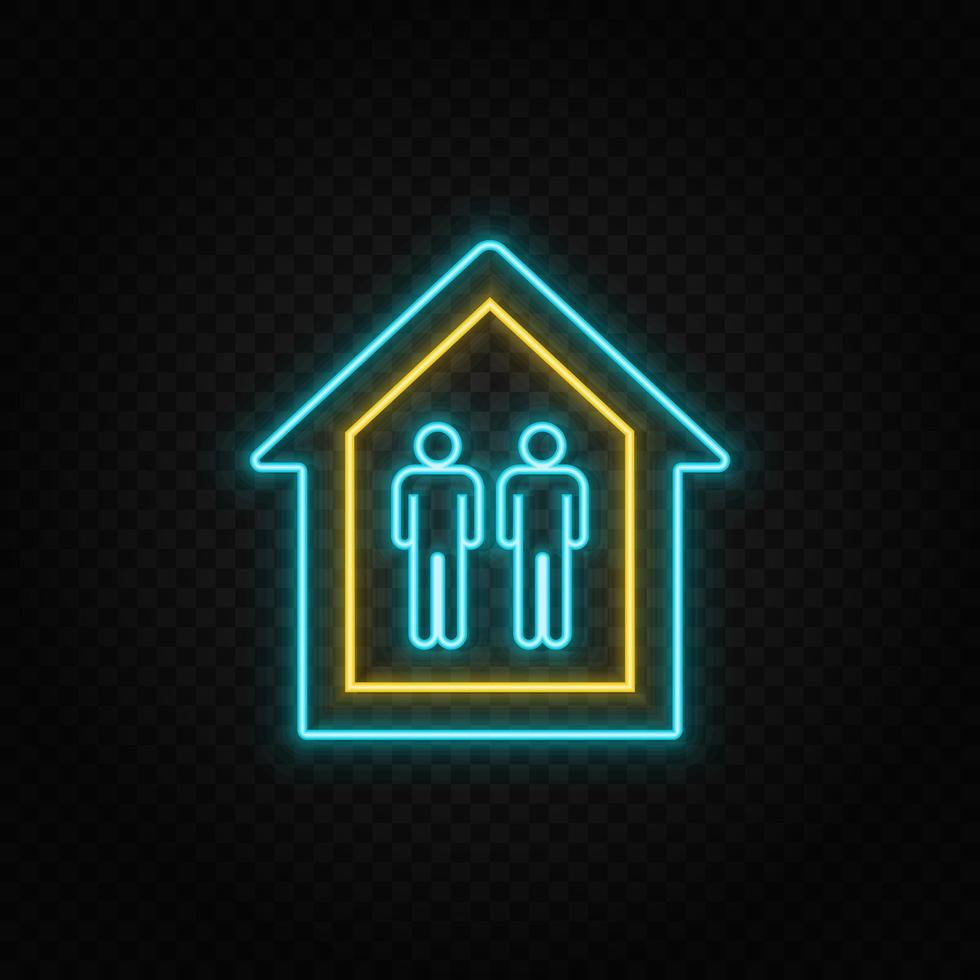 Mans in a house. Blue and yellow neon vector icon. Transparent background.