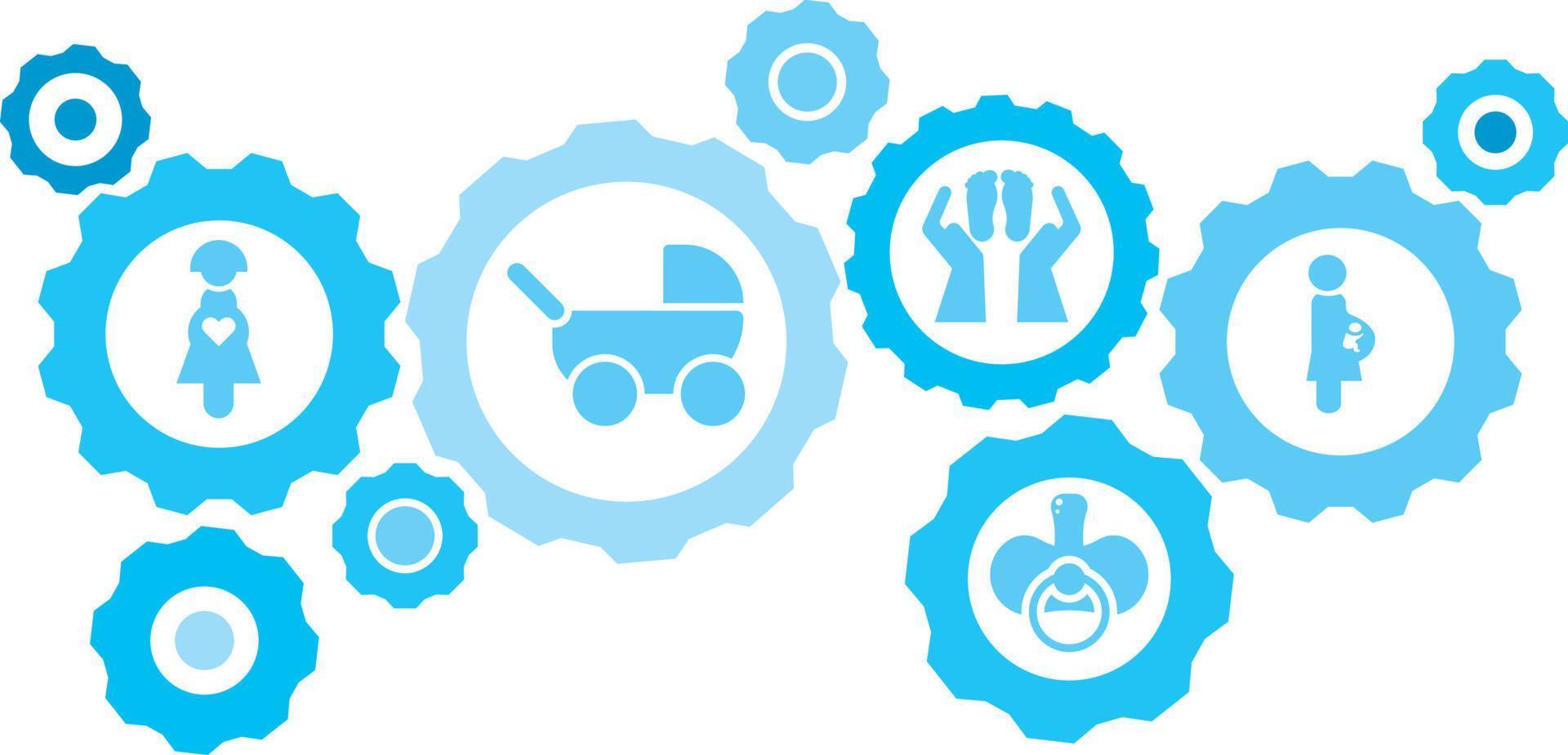 Connected gears and vector icons for logistic, service, shipping, distribution, transport, market, communicate concepts. Pregnant, forbidden, smoking gear blue icon set .