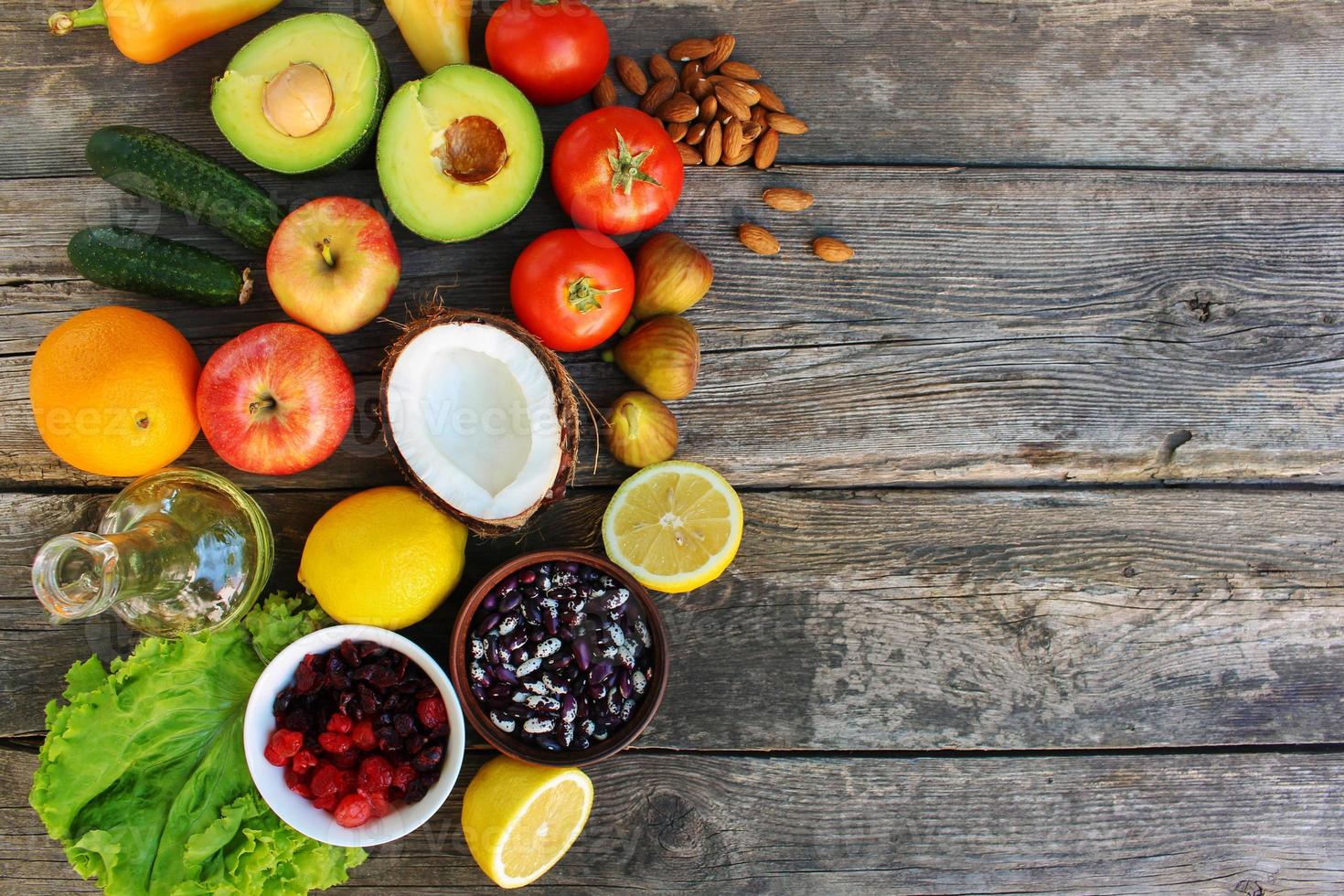 Healthy food of vegetable origin on old wooden background. Concept of