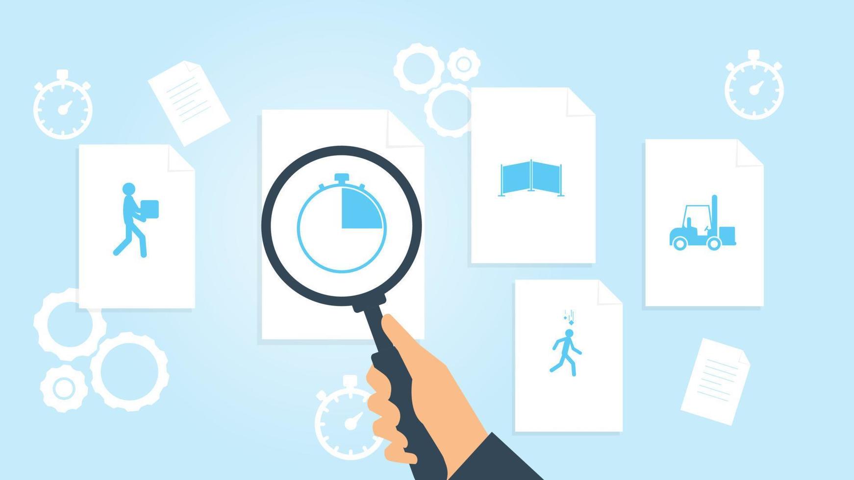 Document with search icons. File and magnifying glass. Analytics research sign. Vector Illustrationforklift move box file, document research vector illustration .