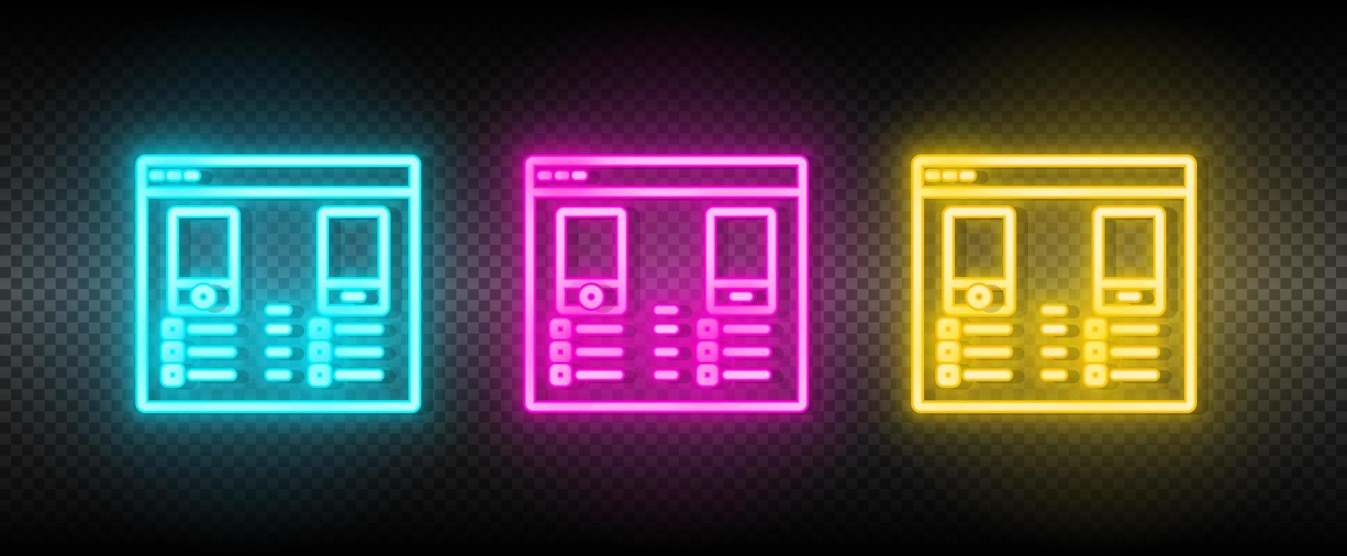 Shopping online, mobile neon icon set. Media marketing vector illustration neon blue, yellow, red icon set