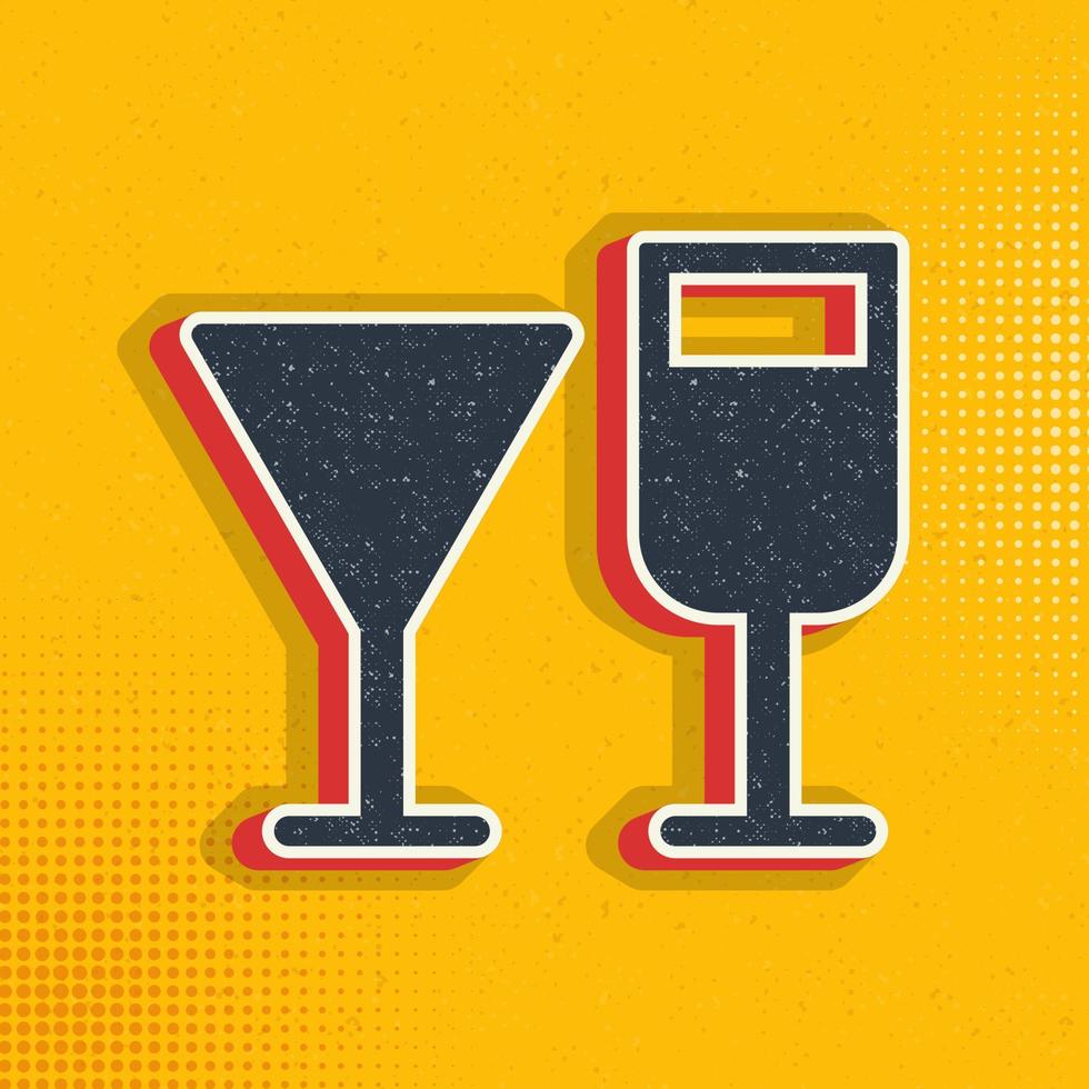 Wine glasses pop art, retro icon. Vector illustration of pop art style on retro background